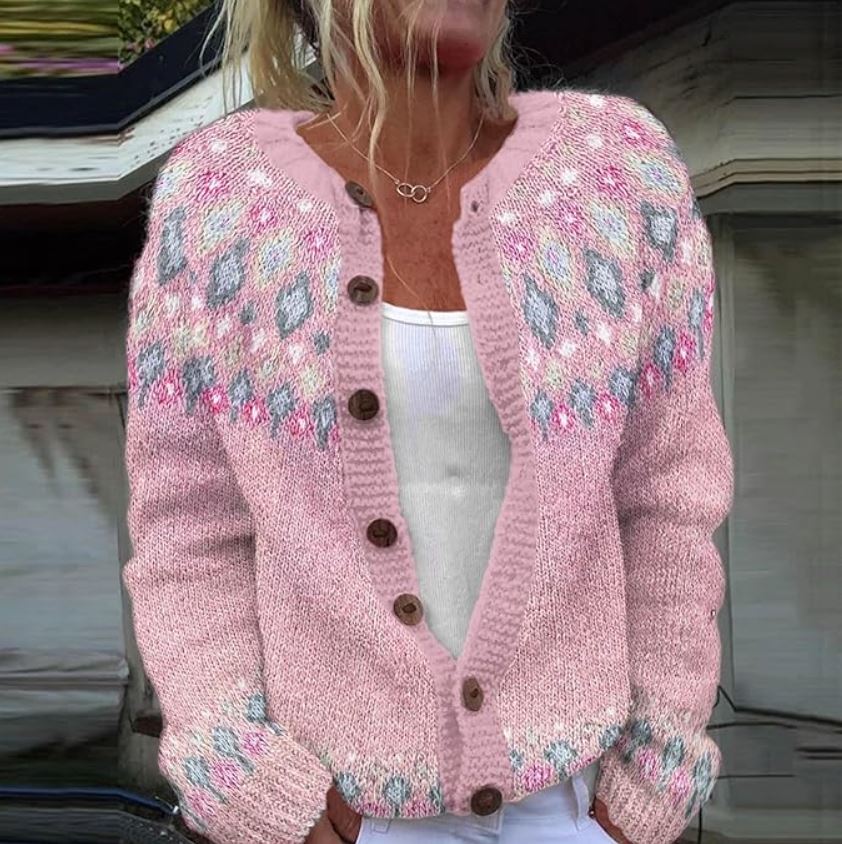 Greta | Zartrosa Strickjacke mit Muster