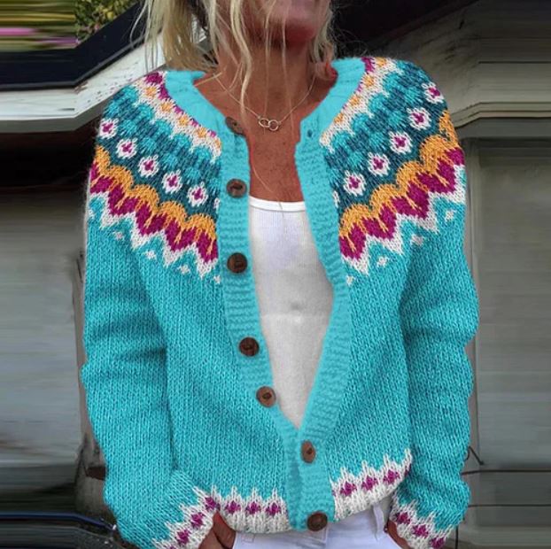 Christa | Leuchtend türkise Strickjacke mit Muster