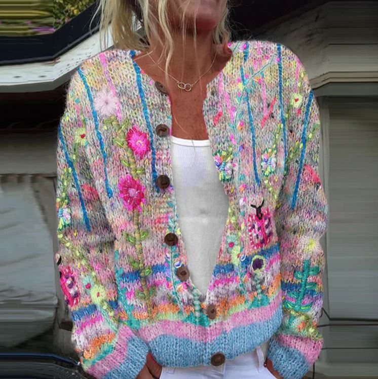Dagmar | Graue Strickjacke mit Blumenmuster