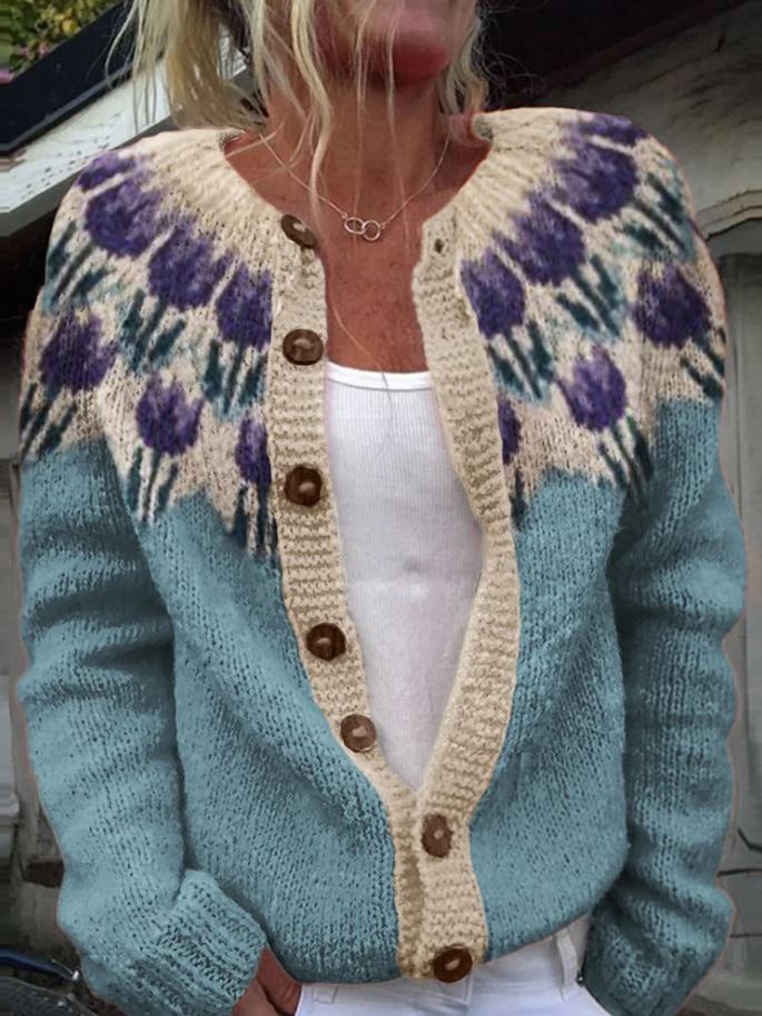 Gisela | Türkise Strickjacke mit Pastellmuster