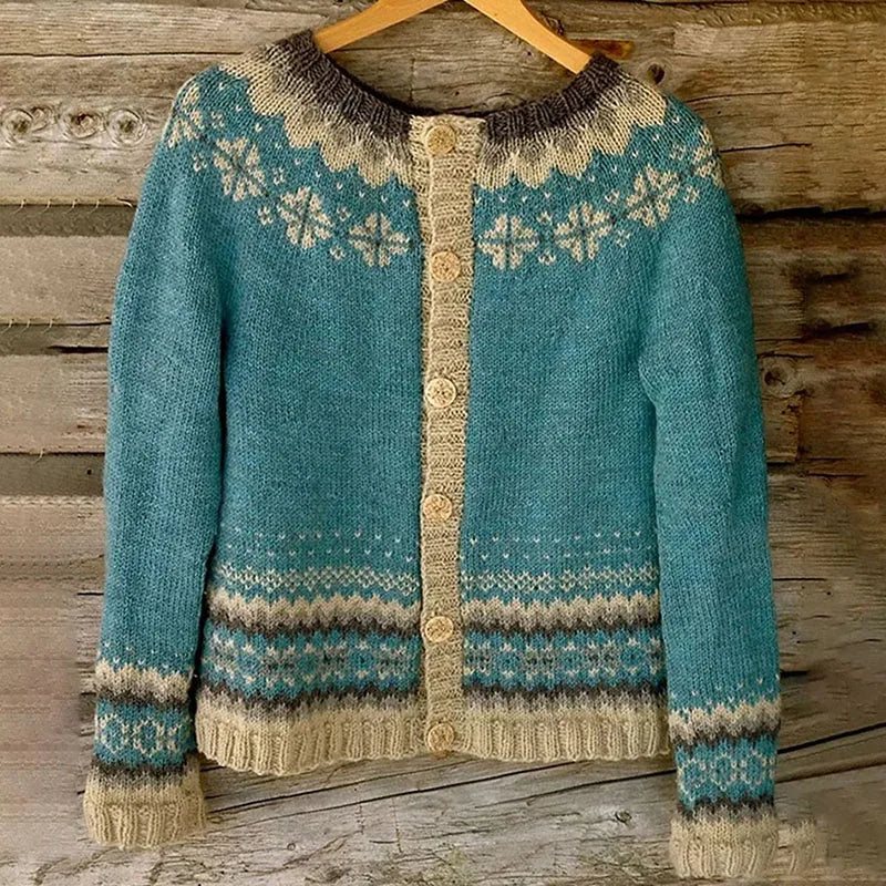 Hannelore | Türkise Strickjacke mit nordischem Muster