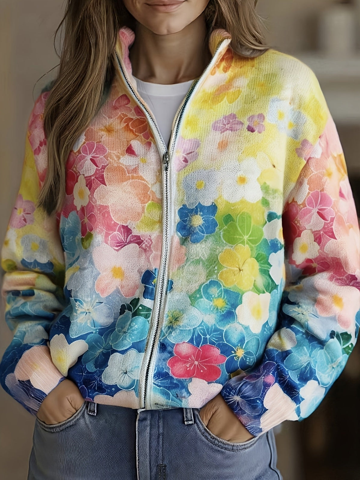 Ursula | Strickjacke mit Aquarell-Blumenmuster