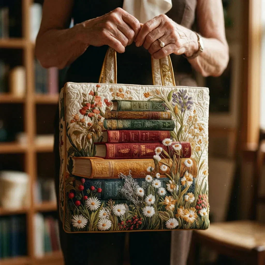 Martha | Gesteppte Tragetasche mit Motiv Bücher und Gänseblümchen