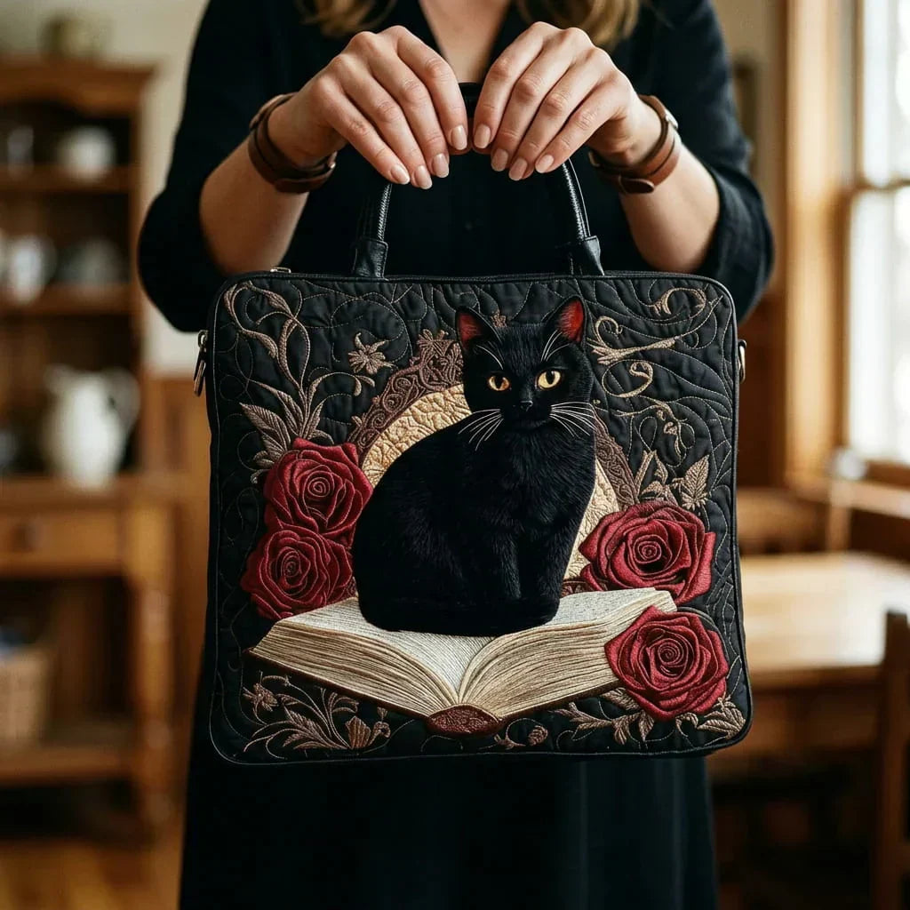 Lilli | Gesteppte Tragetasche mit Motiv Schwarze Katze und Rote Rosen