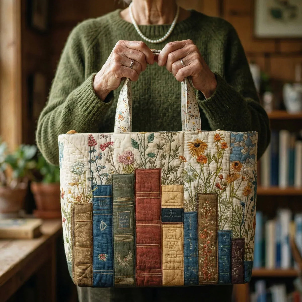 Nadja | Gesteppte Tragetasche mit Motiv Bücher und Wildblumen