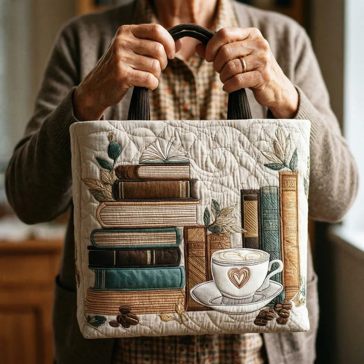 Elfi | Gesteppte Tragetasche mit Motiv Kaffee und Bücher