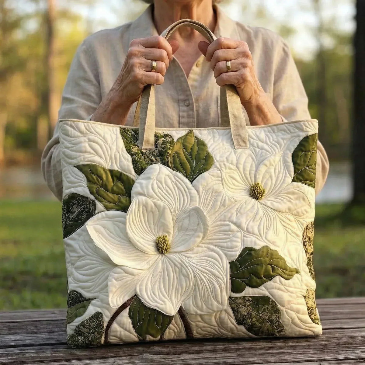 Leonore | Gesteppte Tragetasche mit Motiv Weiße Blüten
