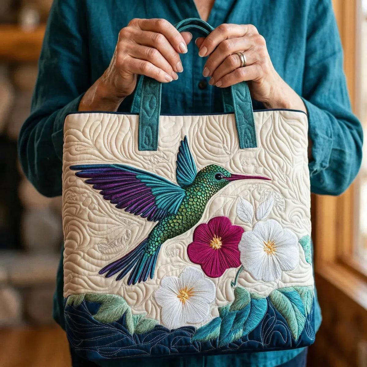 Miriam | Gesteppte Tragetasche mit Motiv Kolibri und Weiße Blumen