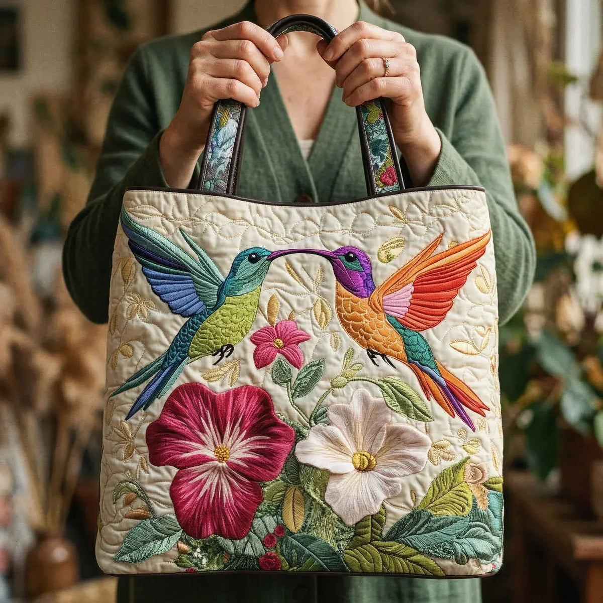 Josefa | Gesteppte Tragetasche mit Motiv Zwei Kolibris im Flug