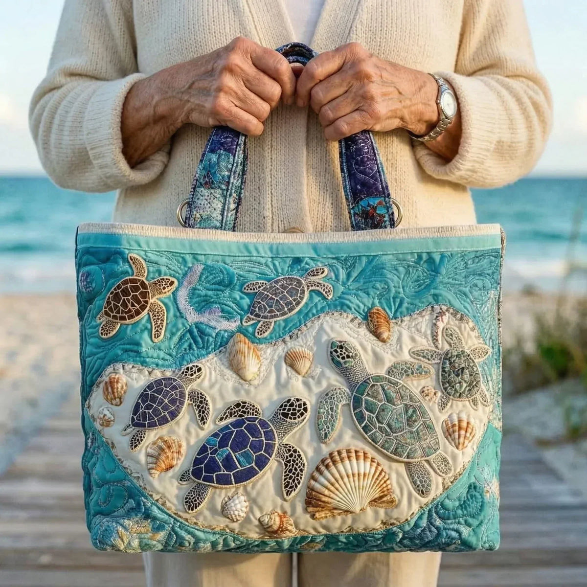 Ina | Gesteppte Tragetasche mit Motiv Schildkröten und Muscheln