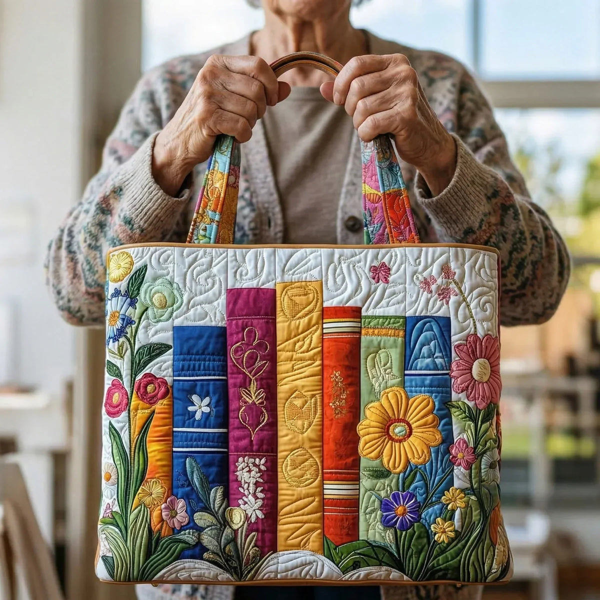 Gerti | Gesteppte Tragetasche mit Motiv Florale Bibliothek