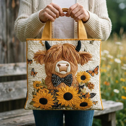 Hulda | Gesteppte Tragetasche mit Motiv Hochlandrind mit Sonnenblumen