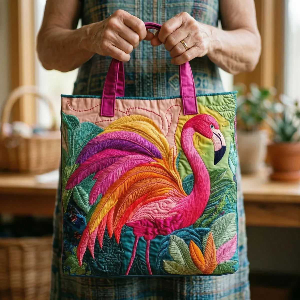Hannah | Gesteppte Tragetasche mit Motiv Regenbogenflamingo