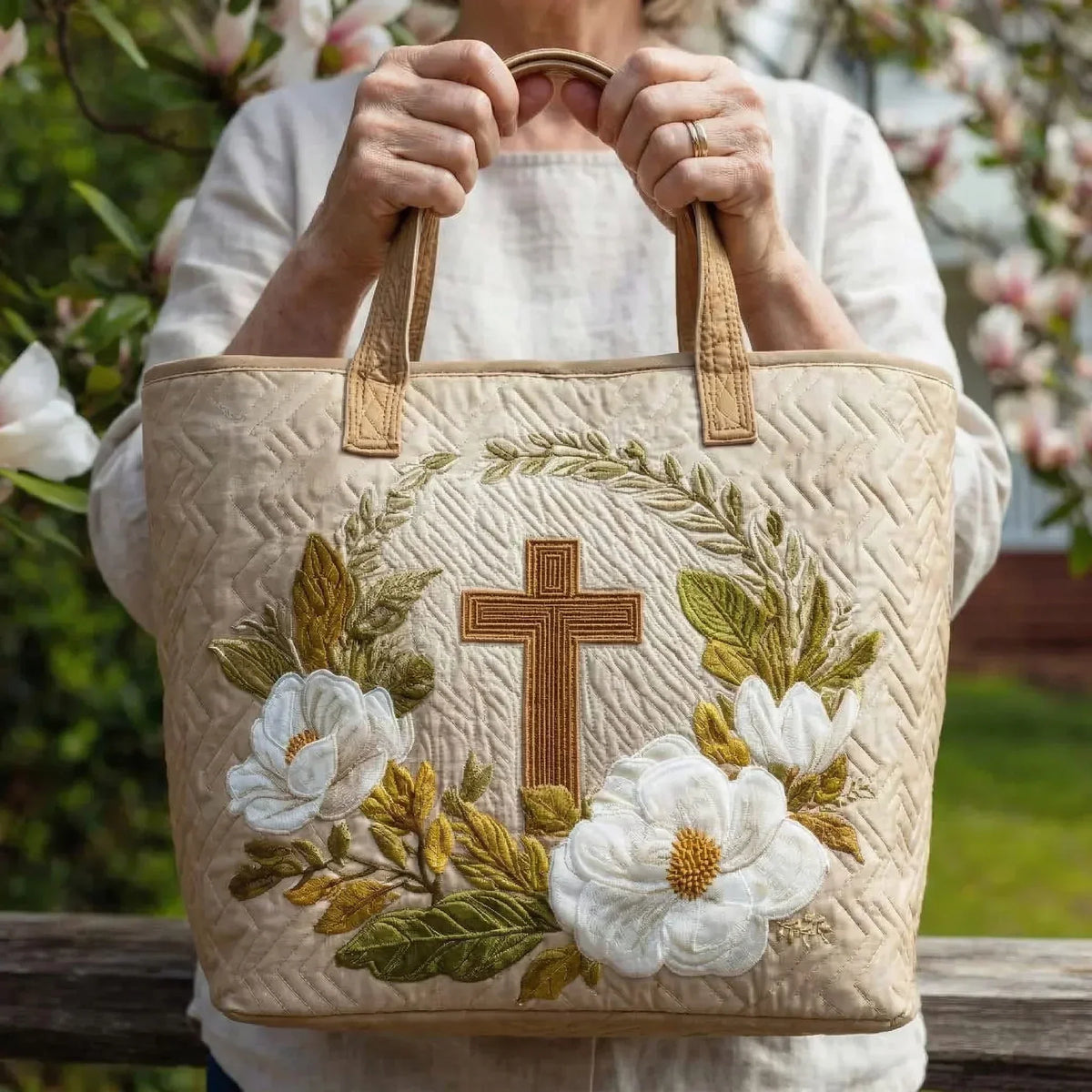 Luitgard | Gesteppte Tragetasche mit Motiv Holzkreuz und Magnolien