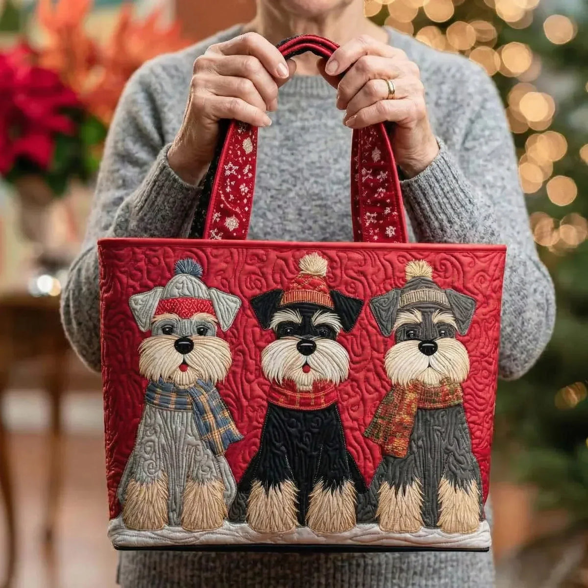Eva | Gesteppte Tragetasche mit Motiv Drei Schnauzer im Winter