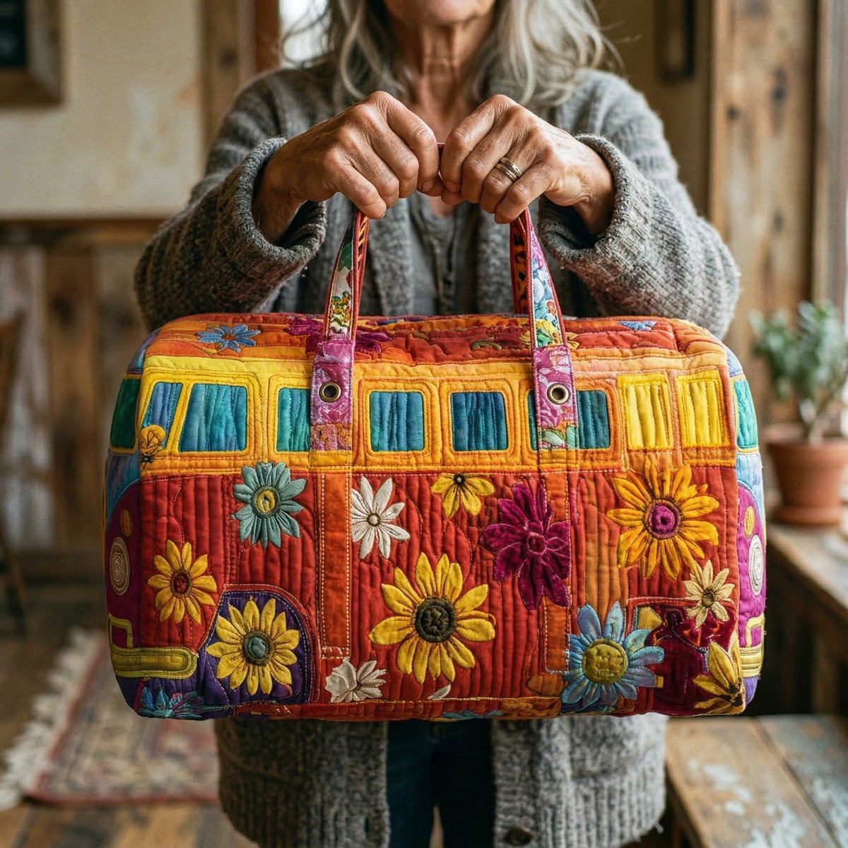 Uschi | Gesteppte Reisetasche mit Motiv Campingbus in Regenbogenfarben