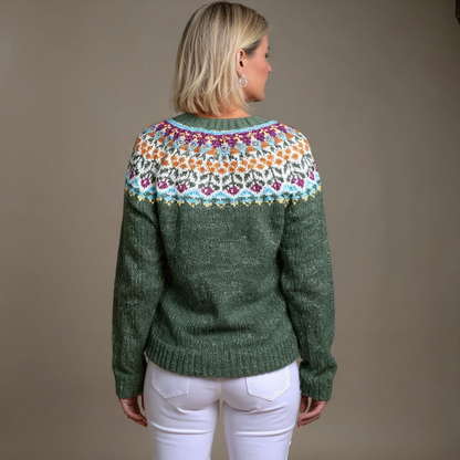 Elisabeth | Grüne Strickjacke mit mehrfarbigem Passenmuster