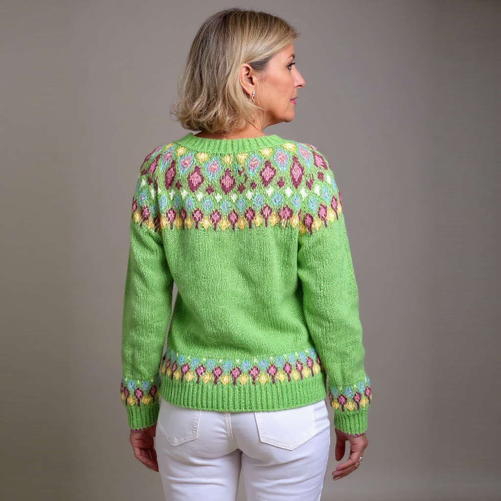 Waltraud | Limettengrüne Strickjacke mit floralem Passenmuster