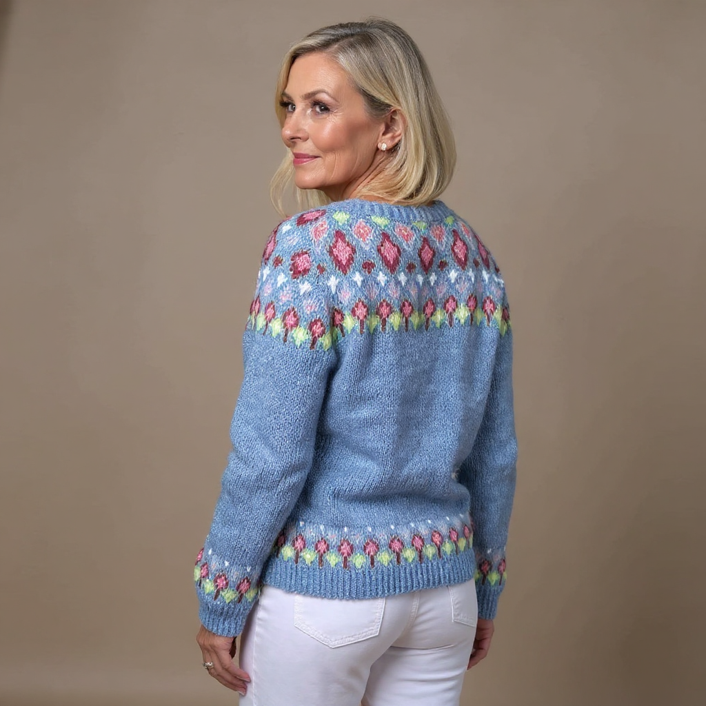 Barbara | Blaue Strickjacke mit floralem Passenmuster