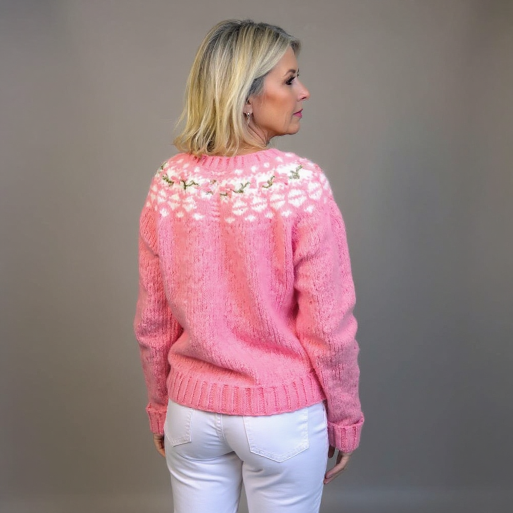 Birgit | Rosa Strickjacke mit floralem Passenmuster
