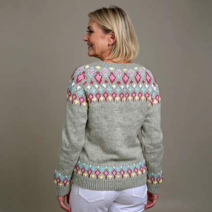 Petra | Graue Strickjacke mit floralem Passenmuster