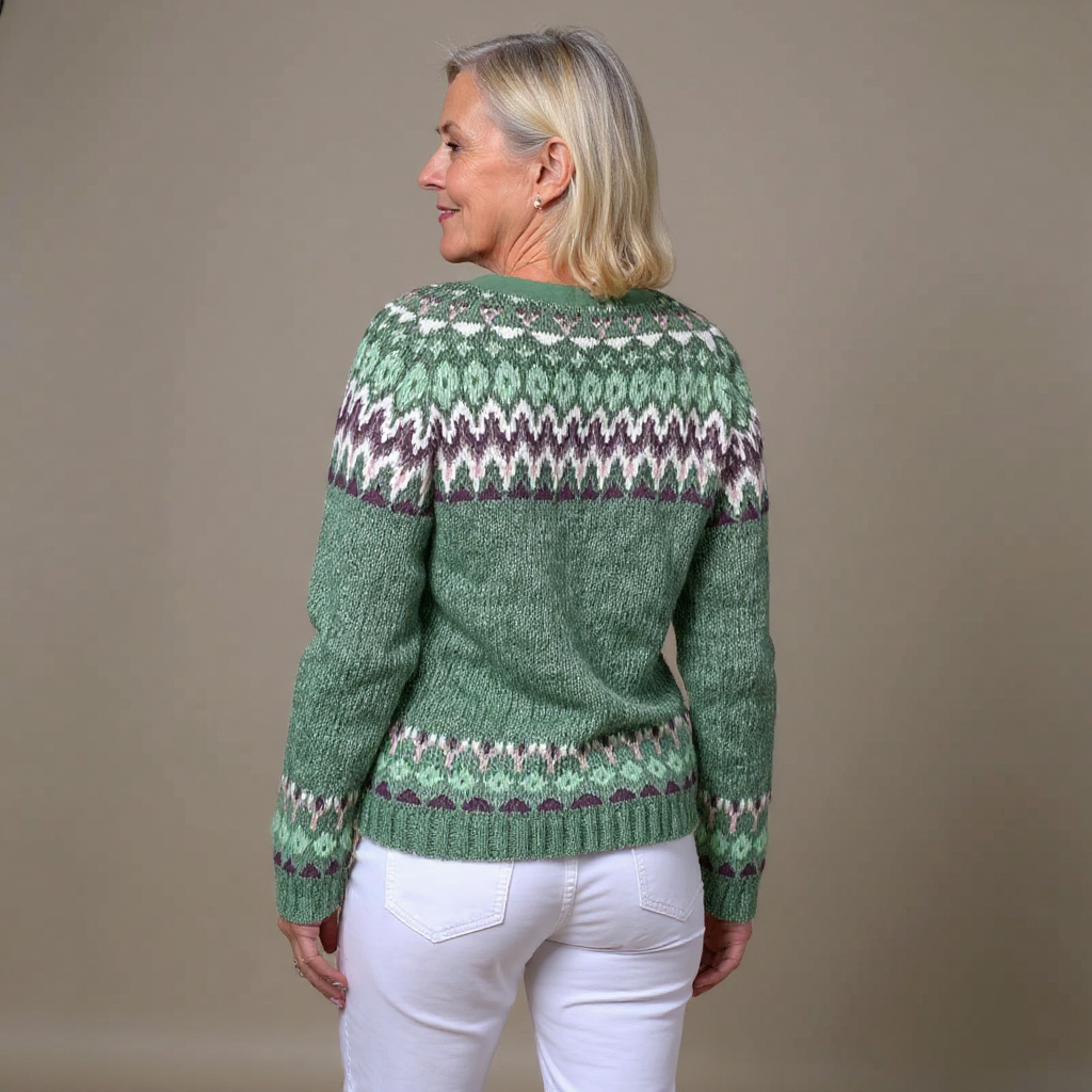 Renate | Grün-violette Strickjacke mit nordischem Muster