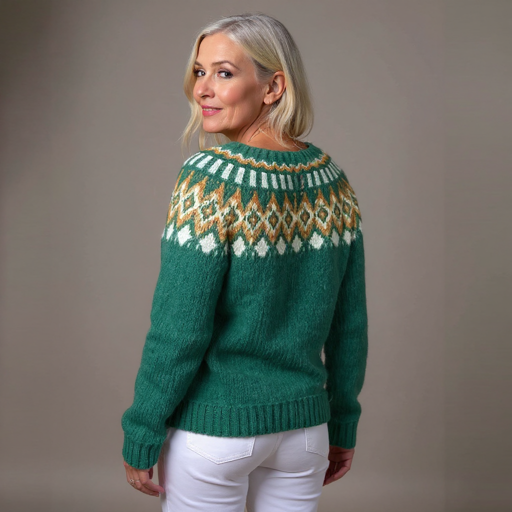 Christel | Grün-goldene Strickjacke mit nordischem Muster
