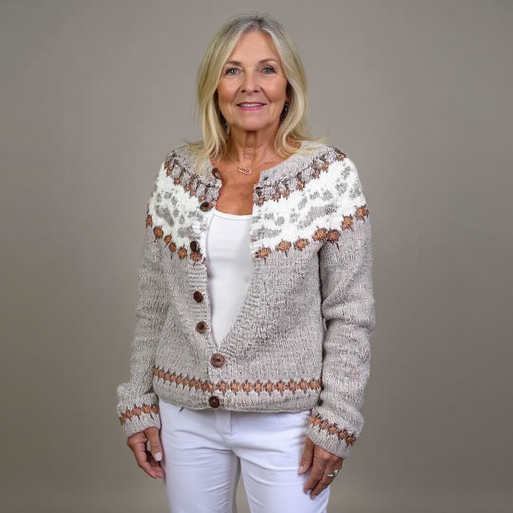 Marlene | Creme-dunkelblaue Strickjacke mit nordischem Muster