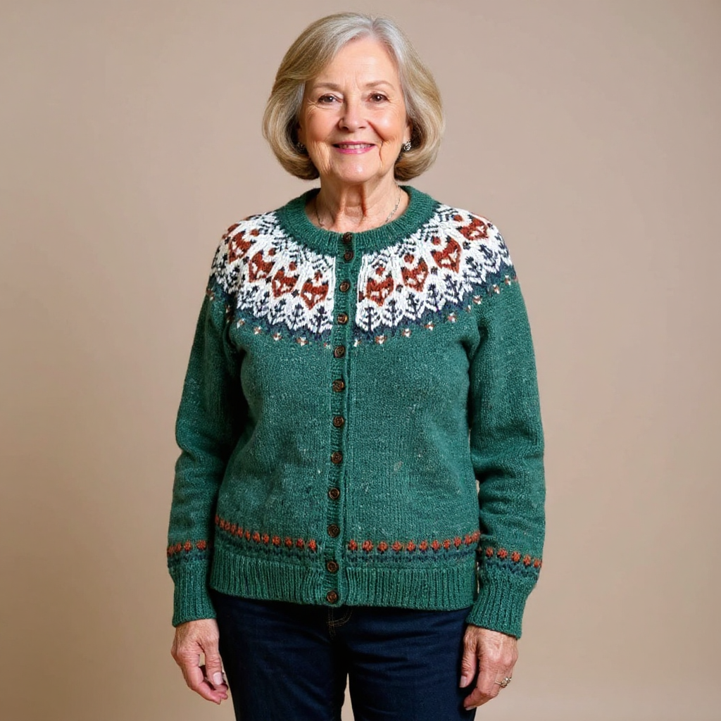 Brigitte | Grüne Strickjacke mit nordischem Muster