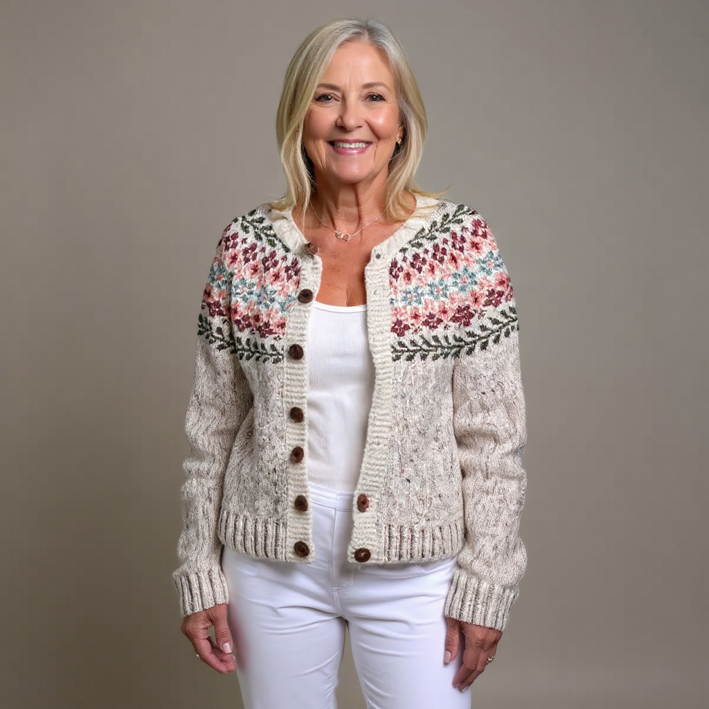 Andrea | Cremefarbene Strickjacke mit Rautenmuster an der Passe