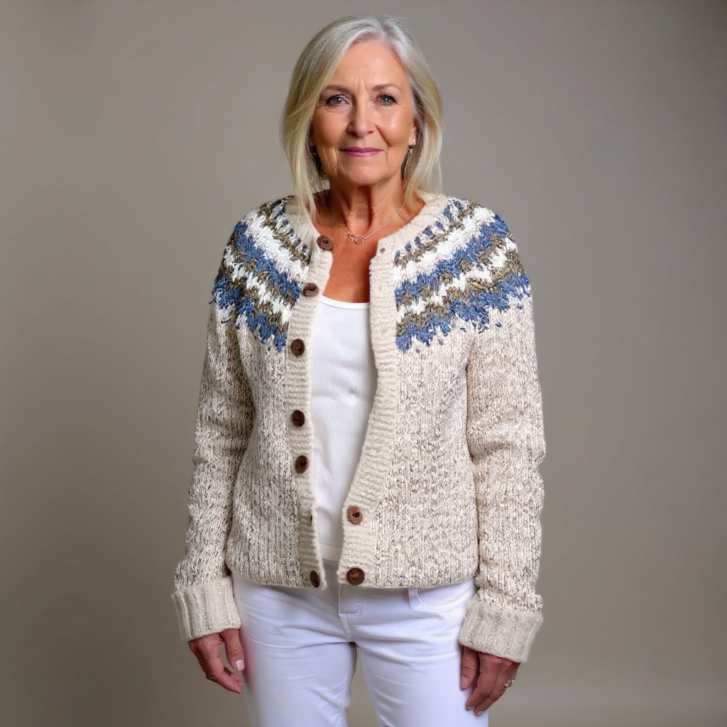 Helena | Cremefarbene Strickjacke mit floralem Passenmuster