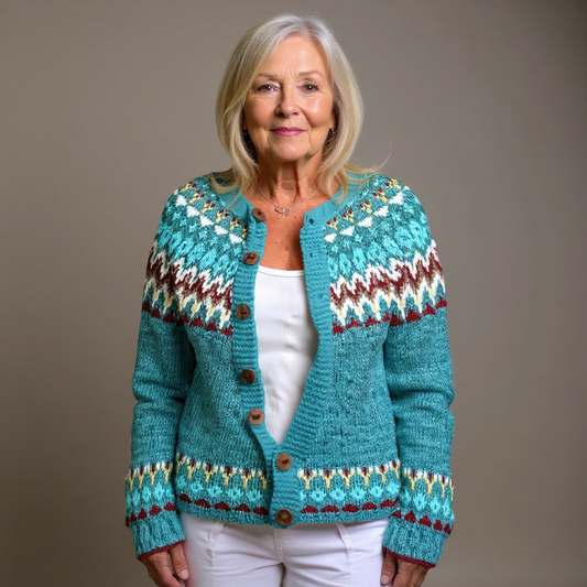 Sabrina | Türkise Strickjacke mit Fair-Isle-Muster