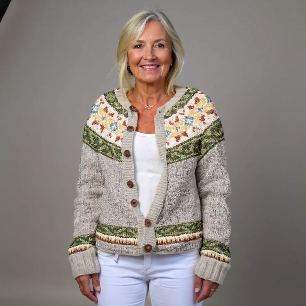 Silke | Graue Strickjacke mit botanischem Passenmuster