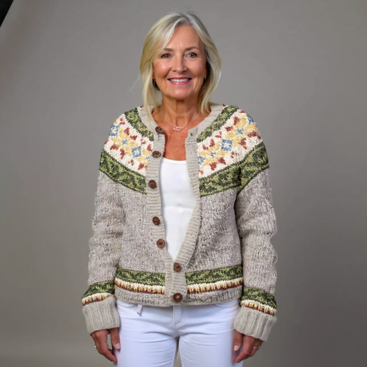 Silke | Graue Strickjacke mit botanischem Passenmuster