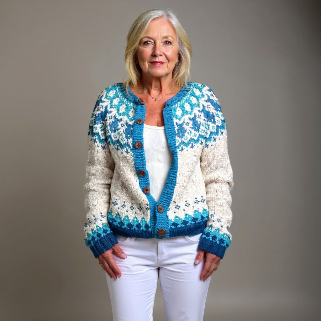 Ingrid | Creme-türkise Strickjacke mit nordischem Muster