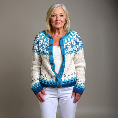 Ingrid | Creme-türkise Strickjacke mit nordischem Muster