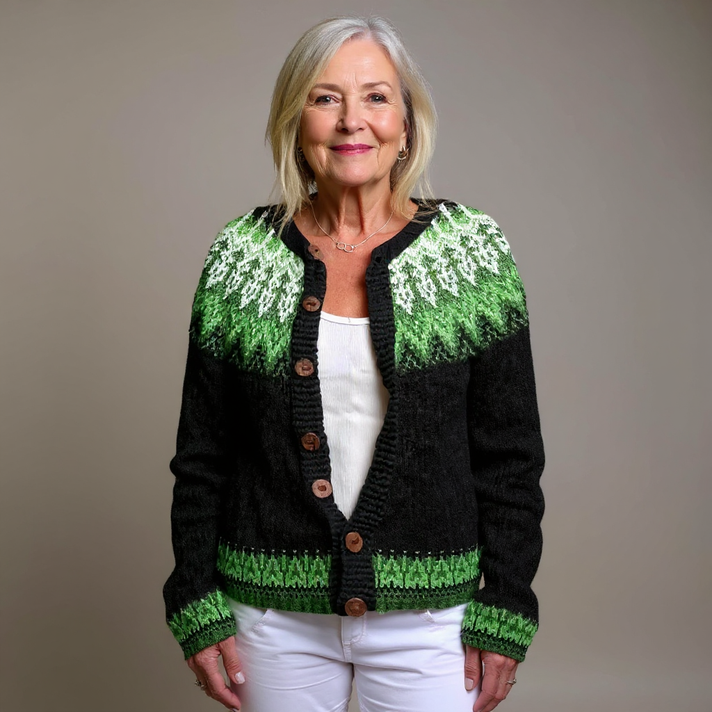Helga | Schwarz-grüne Strickjacke mit nordischem Muster
