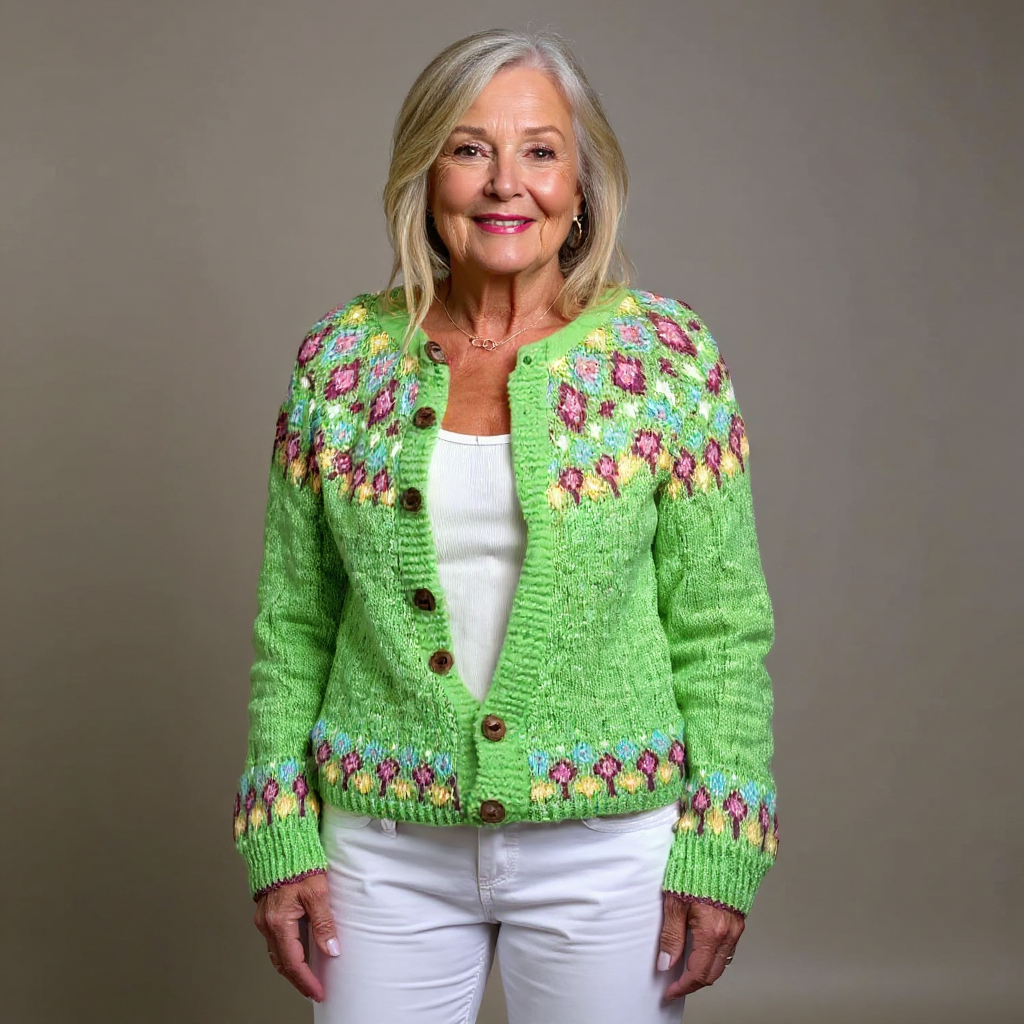 Waltraud | Limettengrüne Strickjacke mit floralem Passenmuster