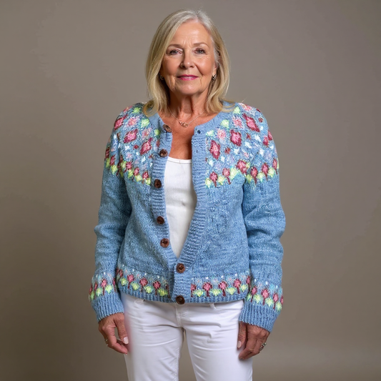 Barbara | Blaue Strickjacke mit floralem Passenmuster