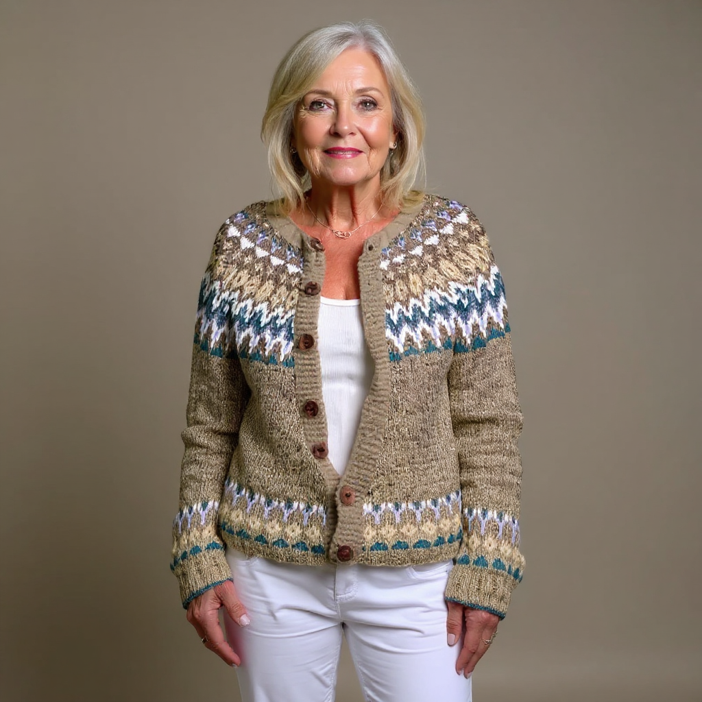 Annegret | Taupe-blaue Strickjacke mit nordischem Muster