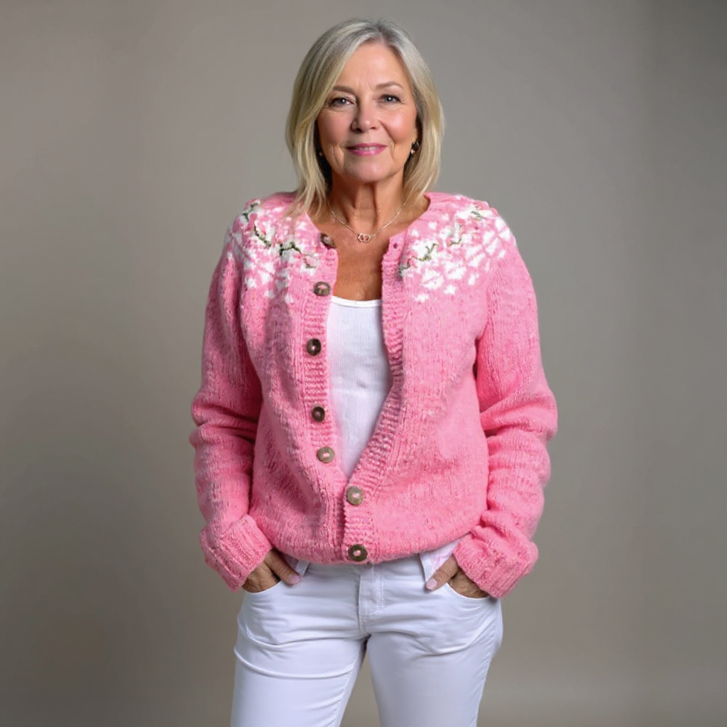 Birgit | Rosa Strickjacke mit floralem Passenmuster