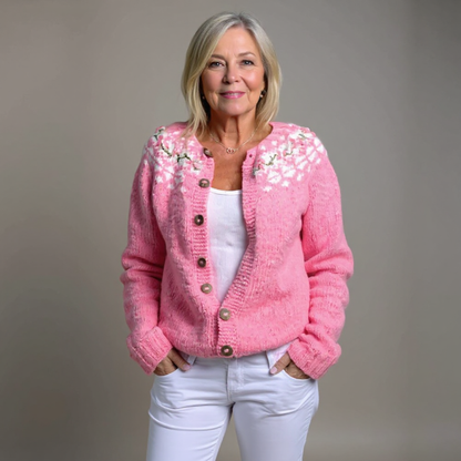 Birgit | Rosa Strickjacke mit floralem Passenmuster
