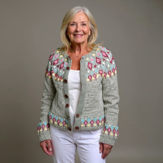 Petra | Graue Strickjacke mit floralem Passenmuster