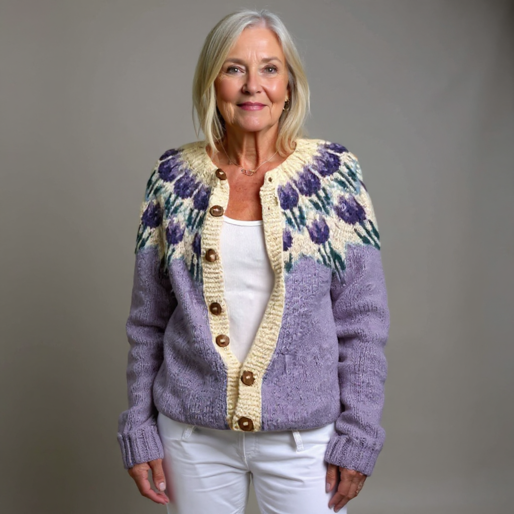 Karin | Fliederfarbene Strickjacke mit Tulpenmuster