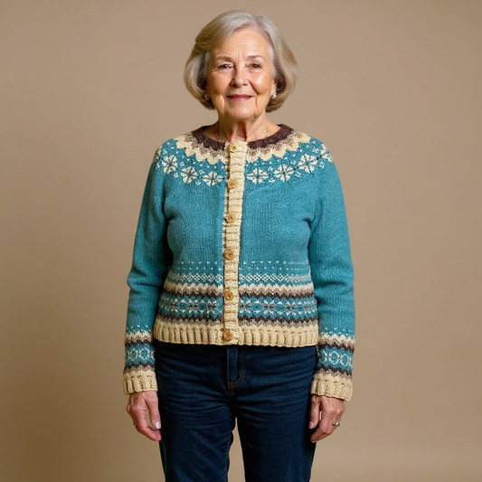 Hannelore | Türkise Strickjacke mit nordischem Muster
