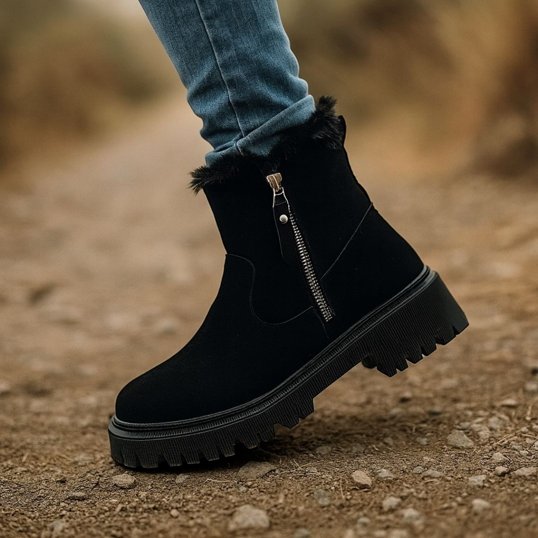 Saar | Beiger gefütterter Winterstiefel mit Profilsohle