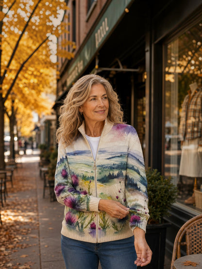 Heike | Strickjacke mit Distel- und Landschaftsmotiv