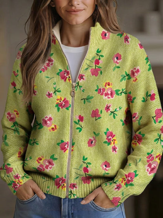 Elke | Grüne Strickjacke mit Blumenmuster