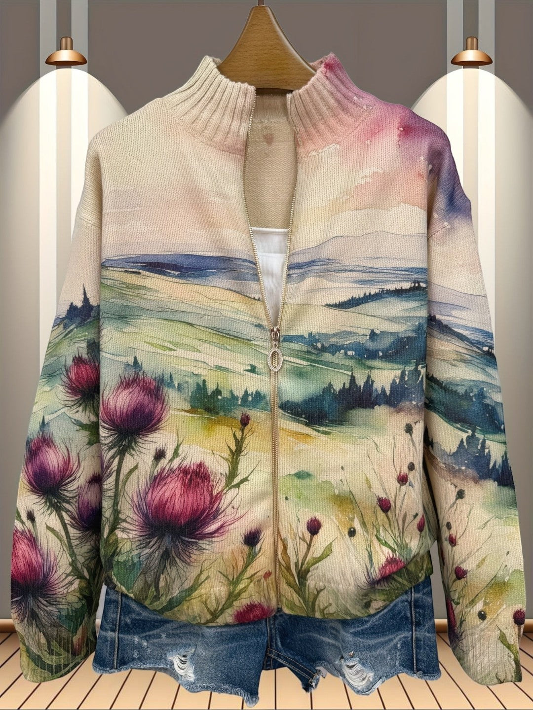 Heike | Strickjacke mit Distel- und Landschaftsmotiv