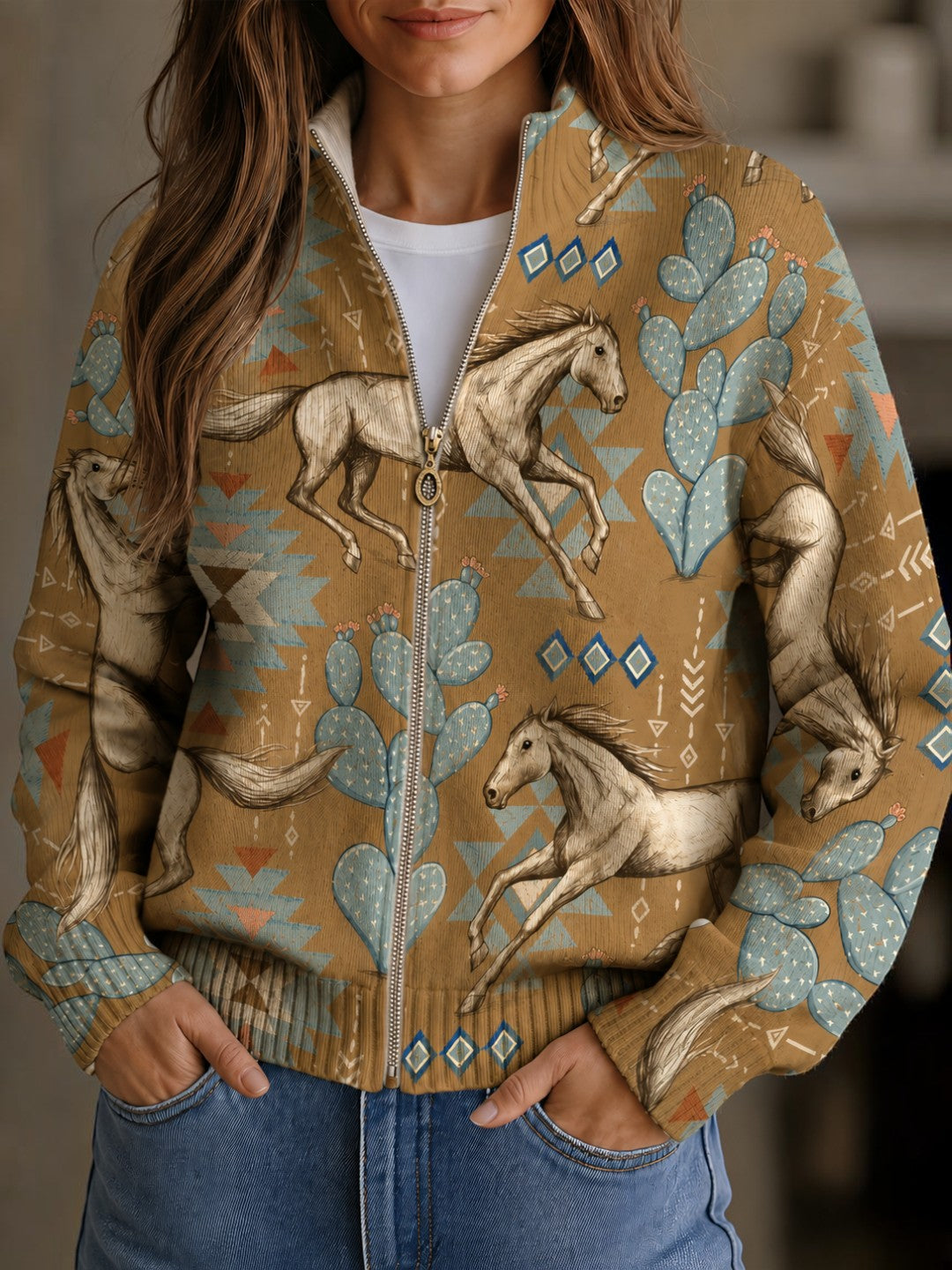 Brigitte | Strickjacke mit Pferde- und Kakteenmotiv